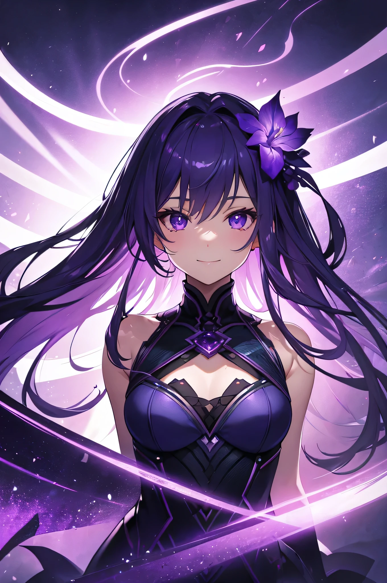 Violet-themed artwork, ((highest quality)), High resolution, 8k, Cinematic Light, High Contrast, Written boundary depth、smile、Mysterious、Valuable、sharp、beautiful, Strong brilliance, Detailed Background, One Girl, cute, fine grain, Shining Eyes, Detailed Iris、