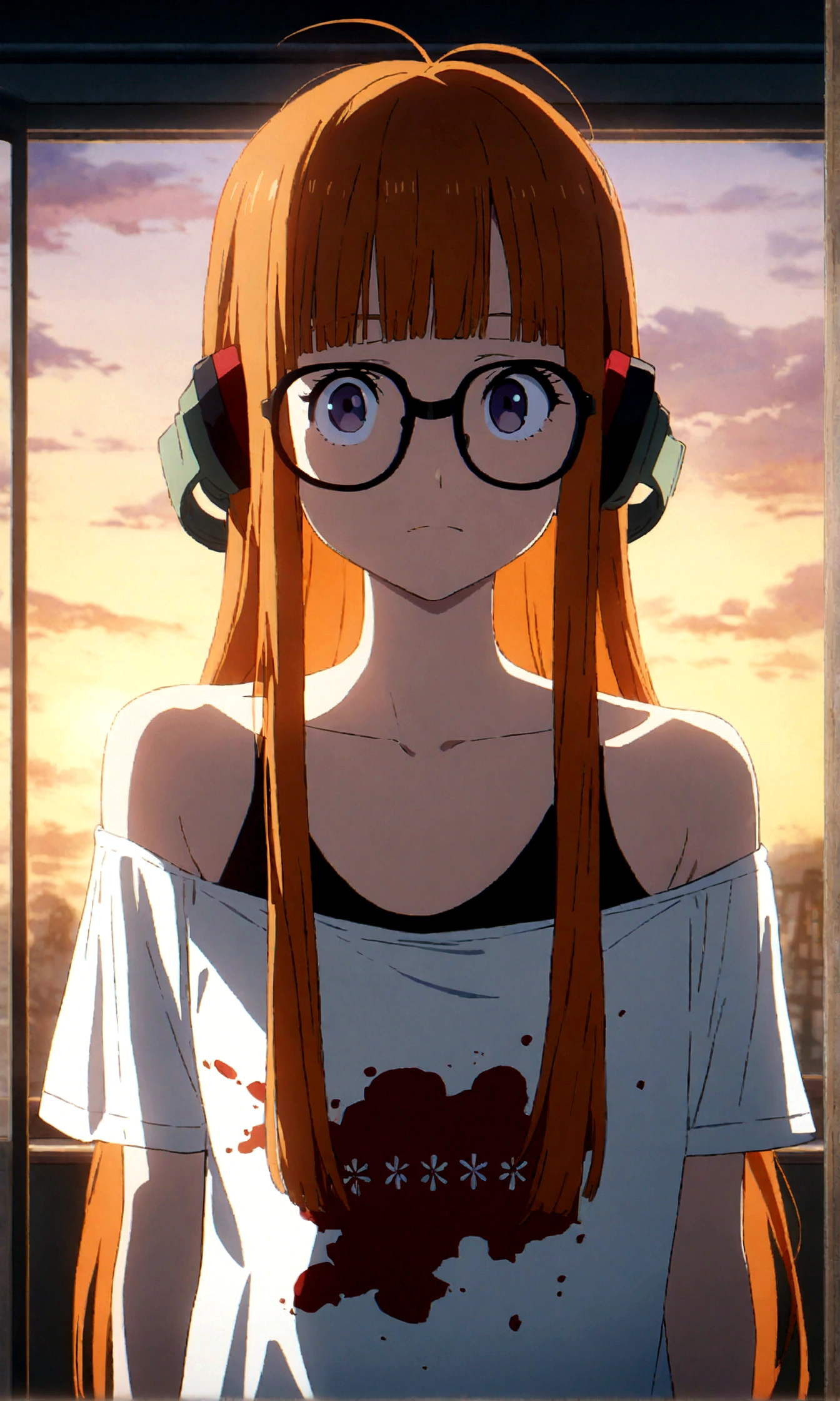 1girl, sakura futaba, upperbody, (masterpiece), cinematic, beautiful light, best quality, newest, aesthetic,very aesthetic,anime,anime keyvisual,indoor, sunset,standing,