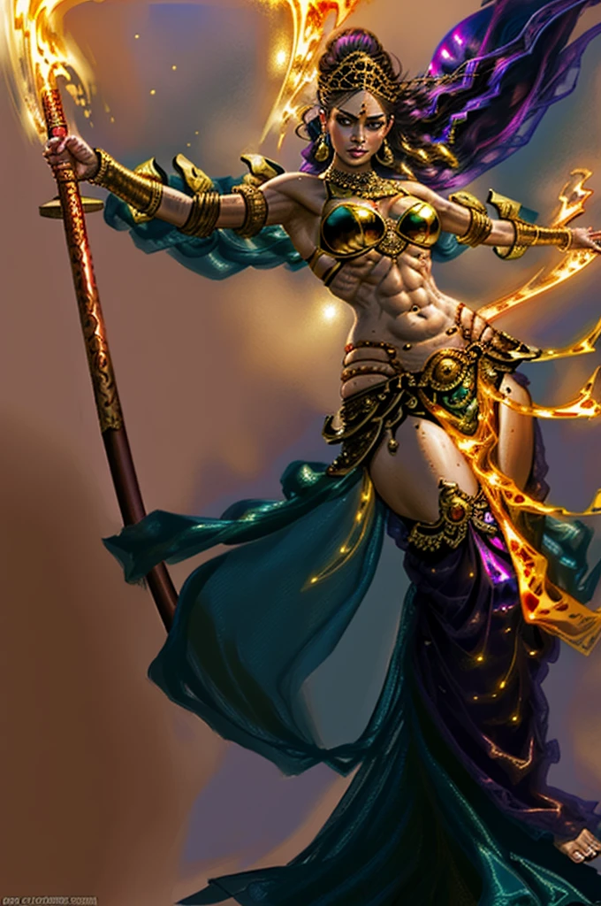 ((realism, hyperrealism, photorealistic, older female)), solo, small waist, toned, belly dancer, wide hips, long light_purple hair, thick thighs, dark green eyes, ifbb, thick lips, colored eyelashes, (thin waist, flat abdominal musculature, dark skin), tan, tanline, golden lipstick, translucent iridescent arabian pants:2.0, sheer metallic indian red sari top, white lace bridal gauntlets:2.0, wielding flaming katana, high detail