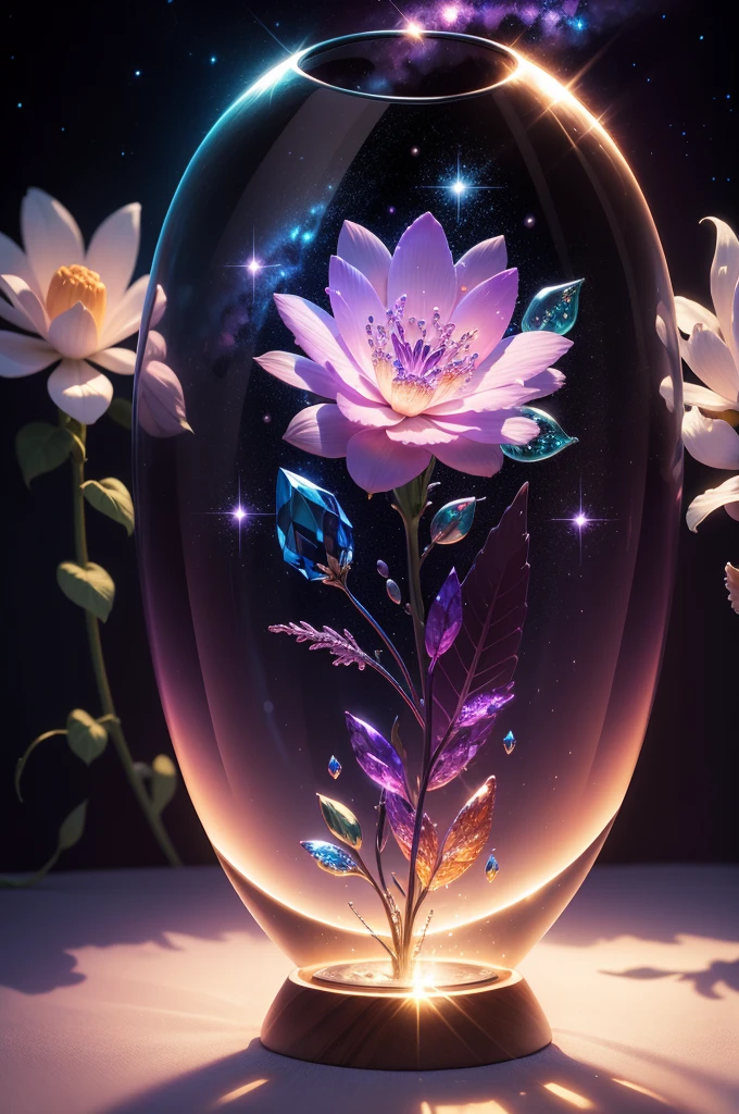 crystal flower, Fantasy, Milky Way, transparent, Sparkling, Sparkling, The Shining, colorful, magical photography, LightingDramatic, Photorealism, Ultra-detailed, 4K, Depth of written boundary, High resolution