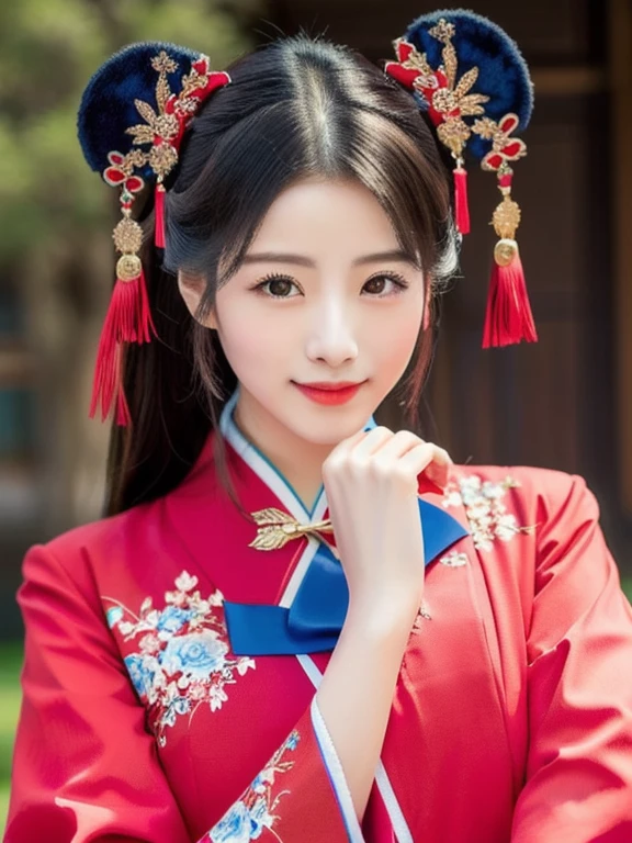 A woman in a blue and red dress poses for a photo., สวมChinese dressโบราณ, palace ， a girl in Hanfu, Hanfu, traditional chinese clothing, with ancient Chinese clothes, traditional chinese, traditional beauty, Chinese dress, Chinese girl, Chinese dress, Chinese style, Chinese woman, Wearing a blue cheongsam, Tailoring a suit according to tradition