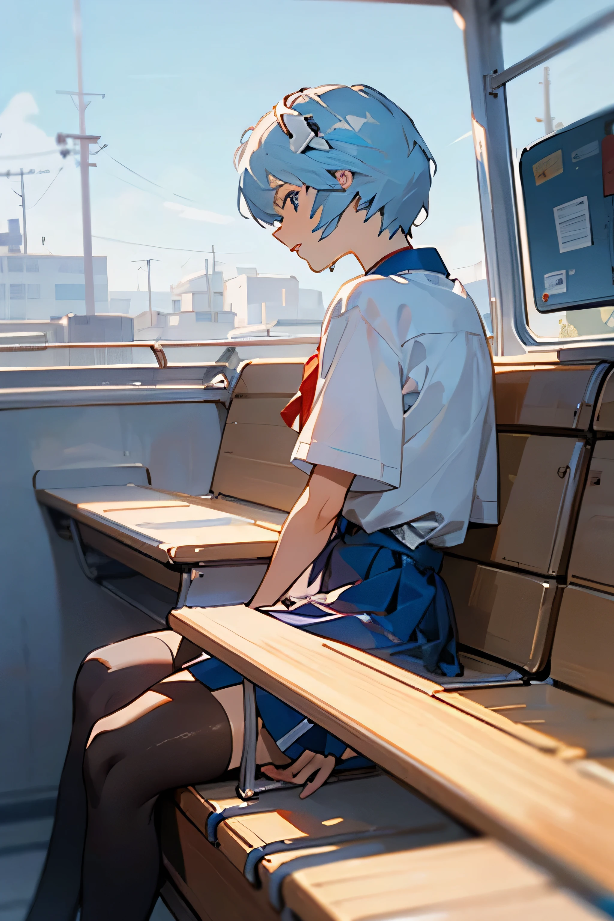 Rei Ayanami sentada en una banca en el aire libre, with black stockings and a skirt where you can see it in profile 