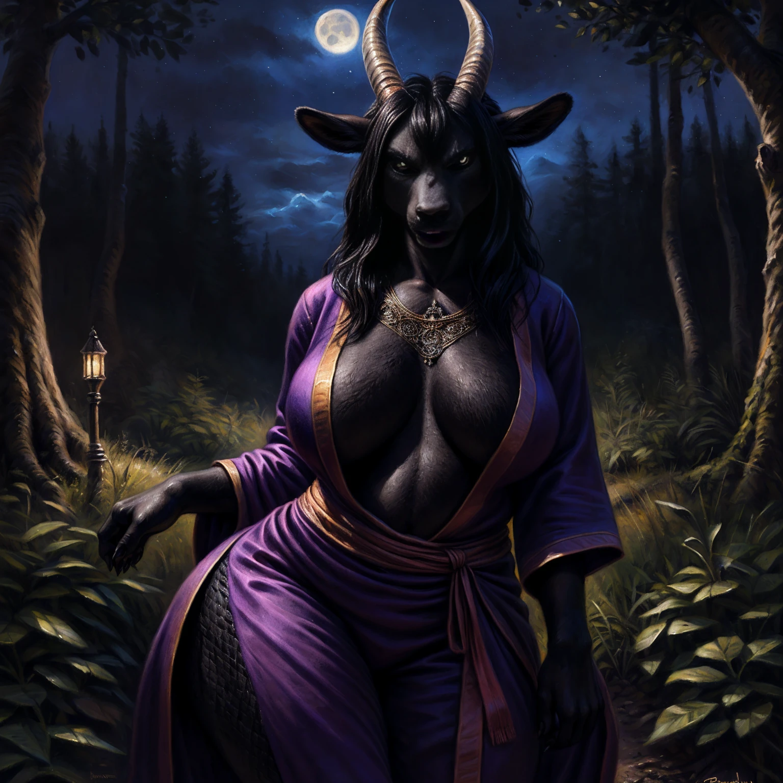 (Tibetan antelope), (((((very long horns))))), hatless, (((black chest:1.5))), (((((black body:1.5))))), (((purplish gray face))), (((black hands))), (((byzantium purple pants))), ((((open byzantium purple robe)))), (((long black hair))), (((black eyes))), (((black sclera))), solo, adult, voluptuous, voluptuous female, female, (wide hips), ((big breasts)), (big butt), (thick thighs), (thigh waist), curvy figure, detailed face, high detailed, high resolution, high quality, detailed beautiful eyes, voluptuous anthro, womanly femenine female, detailed face, beautiful eyes, (angry evil face), night, forest, looking at viewer, by bruteandbrawn, by personalami, by kenket, (intricate, high detail, film photography, soft focus, RAW candid cinema, photorealism, realistic, photorealistic, analog style, subsurface scattering, masterpiece, best quality, ultra realistic, 8k)