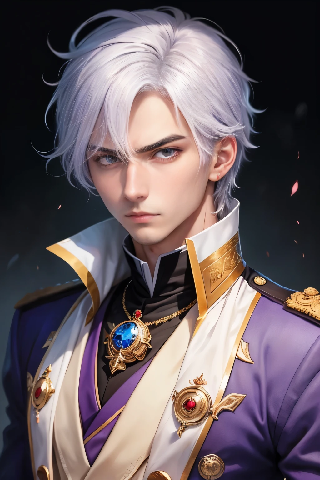 Male prince with violet eyes and white hair with a serious gaze