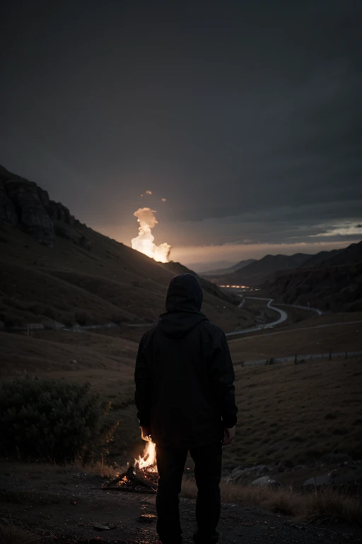 fire with dark landscape with a man wearing a hood without showing his face 