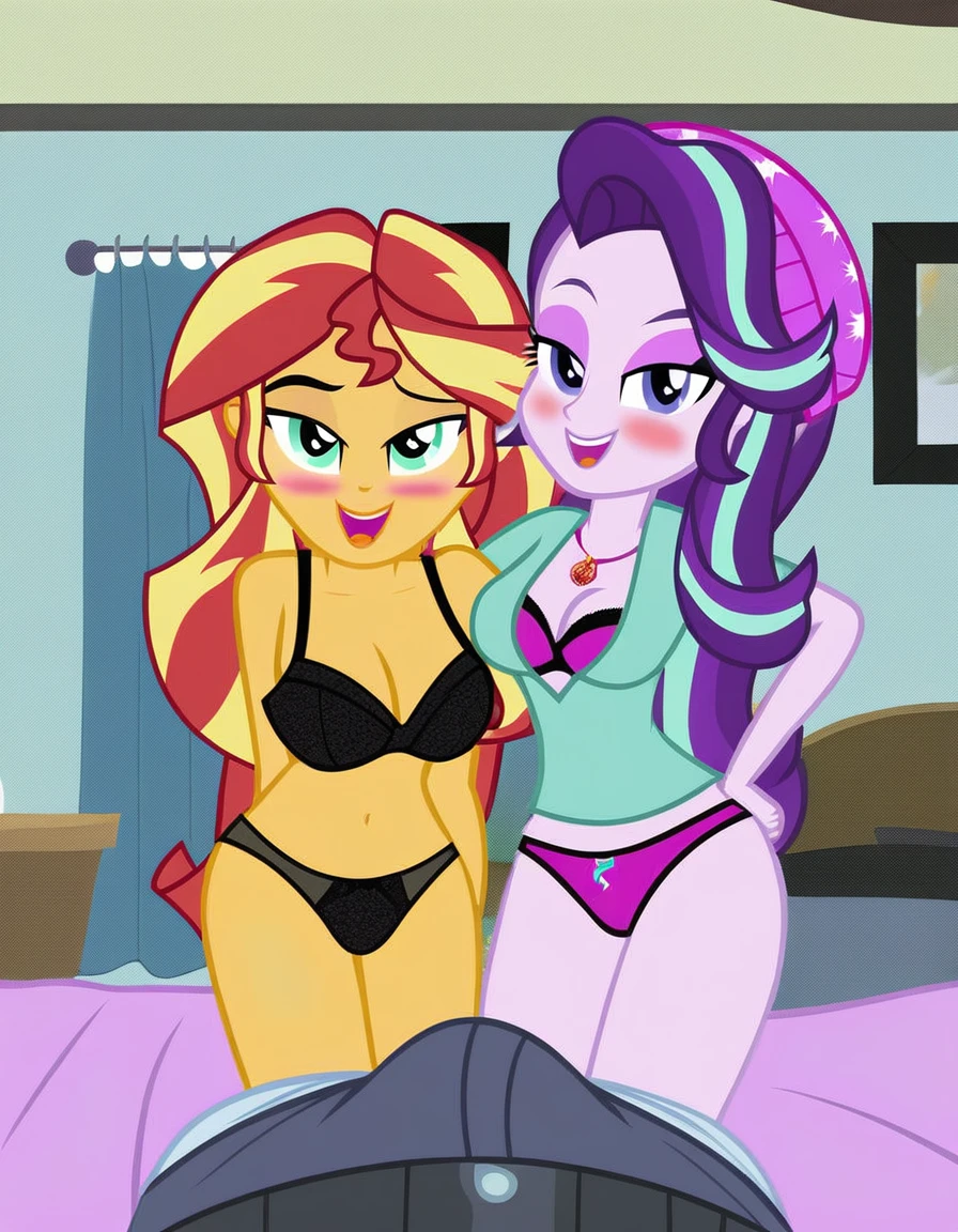 questionable, bulge in briefs, starlight glimmer, sunset shimmer, equestria girls, bedroom eyes, blushing, bra, bunset shimmer, duo focus, erection, female, glimmer glutes, indoors, looking at you, male, male pov, offscreen character, offscreen male, open mouth, open smile, panties, bulge, male pov, smiling, tenting, thighs, underwear, vector