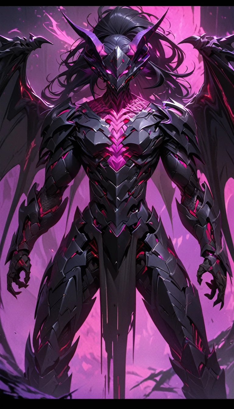 Best quality, One, beautiful, 1 man, with a sporty body, V-shaped body, black detailed armor with glowing purple details, black demonic horns, with large and long dragon wings, long hair, black hair, purple with red tones reptile eyes, purple threads, black light, 8K resolution, Highly detailed, Anatomically correct, Sharp Image, Digital Painting, Concept art, of the highest quality