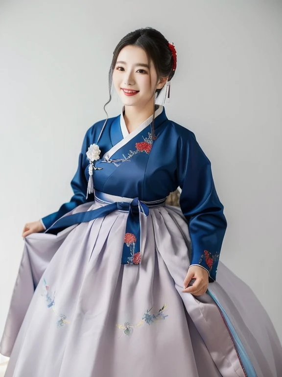 A woman in a blue and red dress poses for a photo., สวมChinese dressโบราณ, palace , a girl in Hanfu, Hanfu, traditional chinese clothing, with ancient Chinese clothes, traditional chinese, traditional beauty, Chinese dress, Chinese girl, Chinese dress, Chinese style, Chinese woman, Wearing a blue cheongsam, Tailoring a suit according to tradition