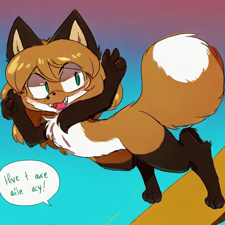 Nervous smiling, uploaded the e621, beautiful and detailed, woman (((female))) ((anthro)) Fox, (Averi, Fox girl), cinematic lighting, Fox, (anthro, fluffy fur, character focus:1.1), 1girl, anthro fox girl, body fur, curvy, sexy, nice, cute, hot, sassy, sassy hips, smug, fangs, mischievous, smiling, blushing, looking excited, wagging tail, comfortable anime-style cartoon-style, digital drawing, fully open eyes, green eyes, SFW, flat chest, jumping, in mid air, falling, chomp, biting a chicken, chicken, scared chicken, scared sweat marks, exclamation mark, speech bubble, hunting, fox hunting chicken, cute chomp, mischievous face, pounce, fox pounce, diving, diving downwards