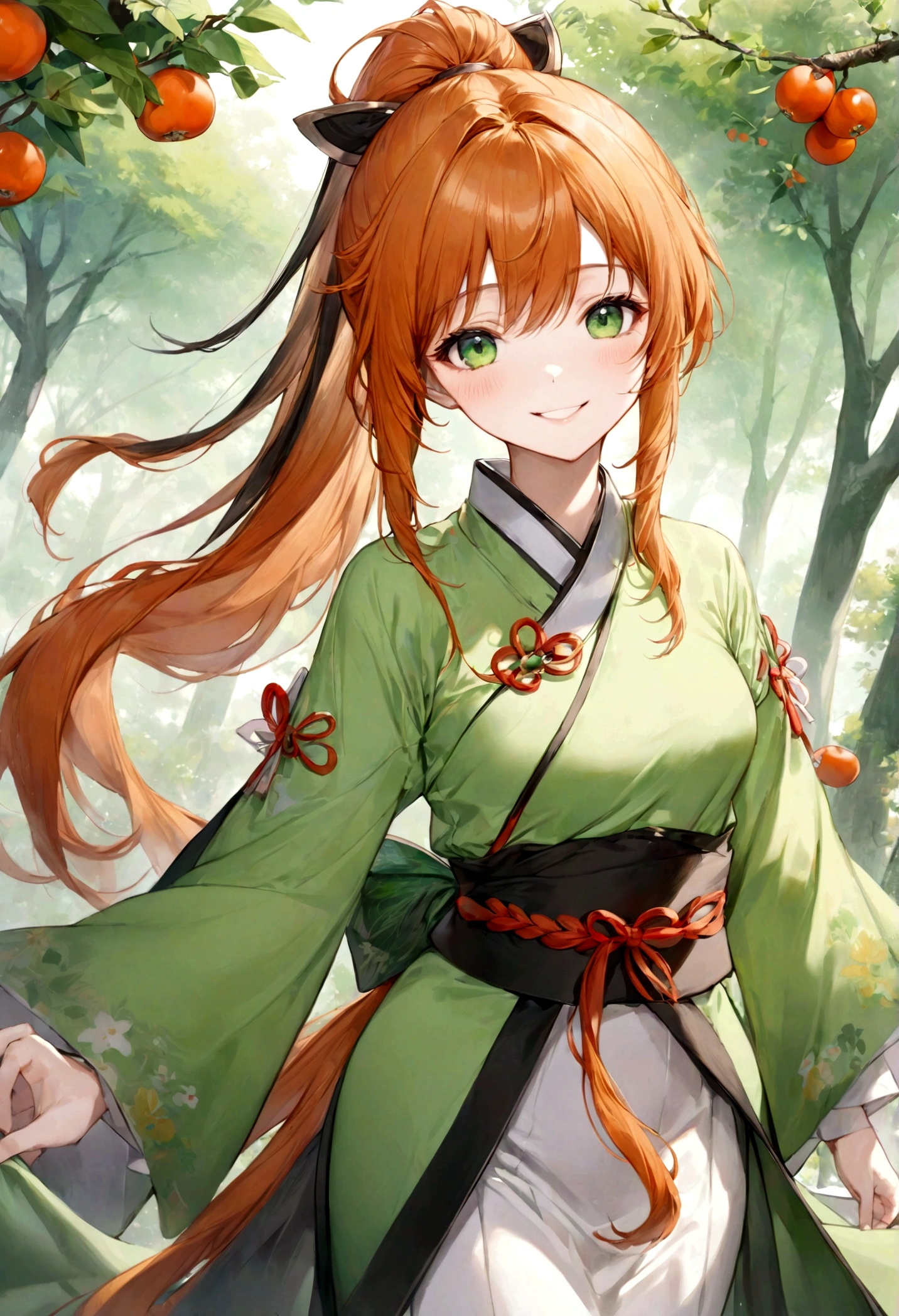 ((top-quality)), ((masterpiece)), ((ultra-detailliert)), (extremely delicate and beautiful), bright orange hair, long straight hair, long ponytail, spring green eyes, persimmon trees in the background, wuxia clothes, white and green clothes, mischievous smile, beautiful woman, cheerful