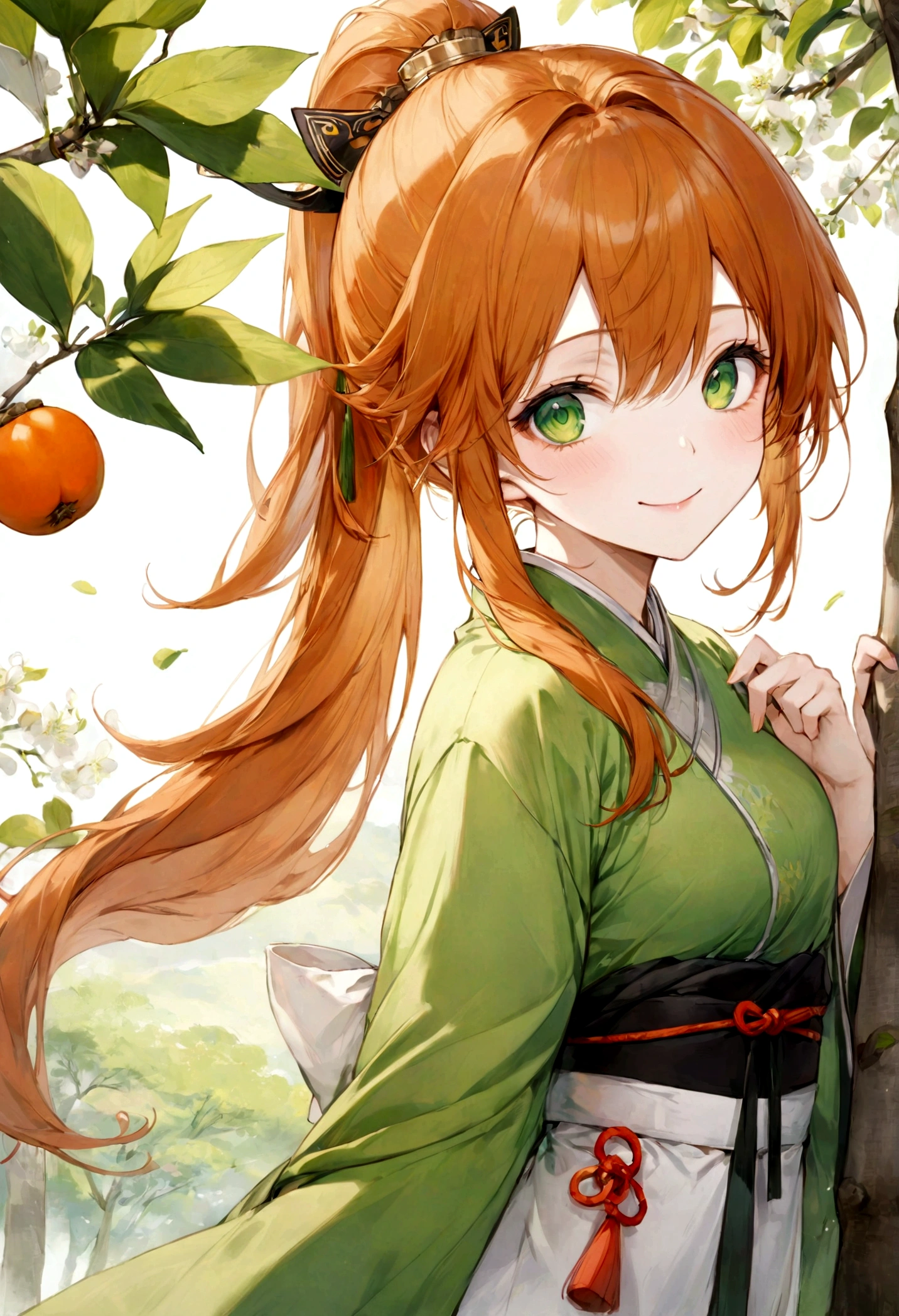 ((top-quality)), ((​masterpiece)), ((ultra-detailliert)), (extremely delicate and beautiful), bright orange hair, long straight hair, long ponytail,  spring green eyes, persimmon trees in the background, wuxia clothes, white and green clothes, mischievous smile, beautiful woman, cheerful