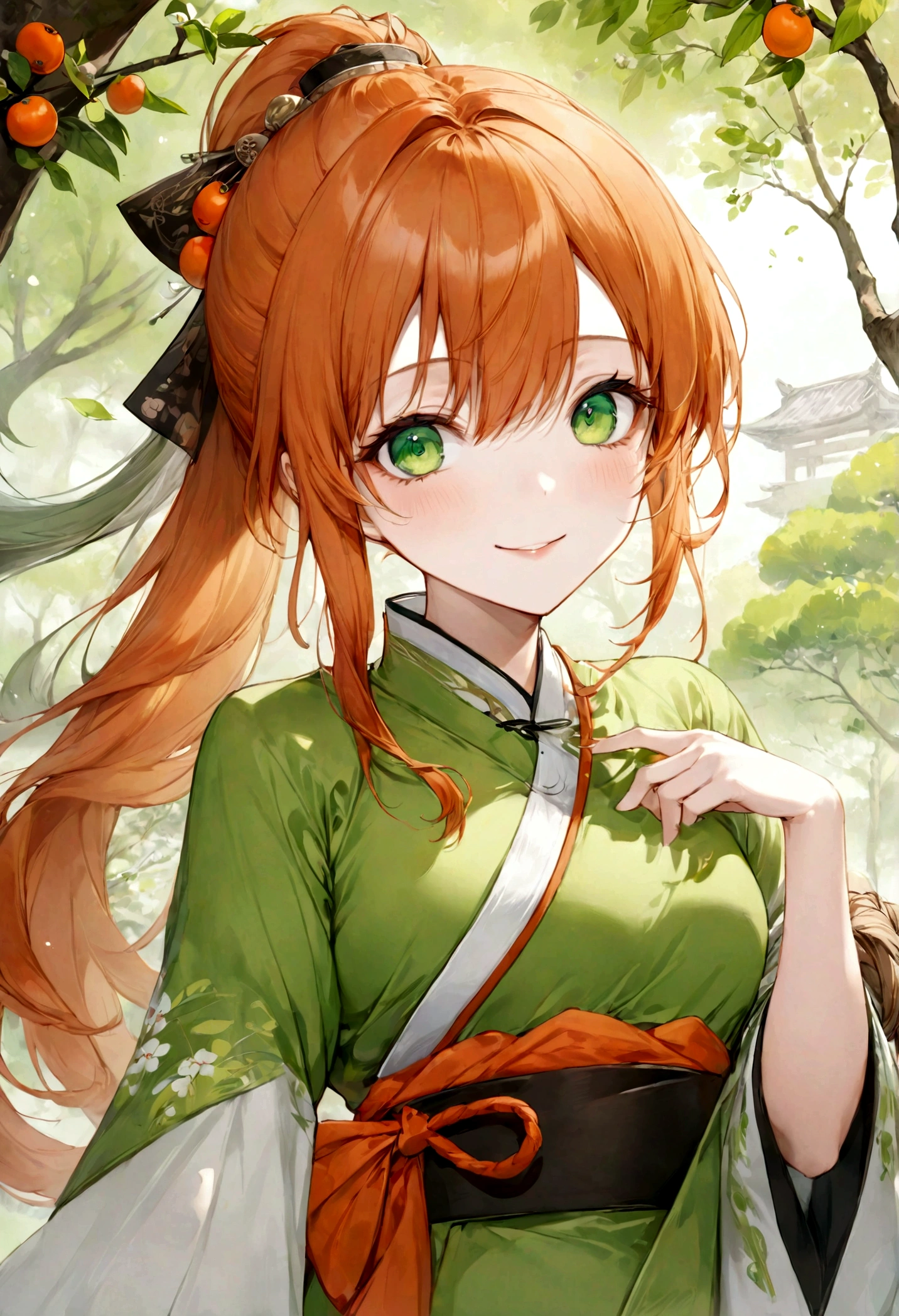 ((top-quality)), ((​masterpiece)), ((ultra-detailliert)), (extremely delicate and beautiful), bright orange hair, long straight hair, long ponytail,  spring green eyes, persimmon trees in the background, wuxia clothes, white and green clothes, mischievous smile, beautiful woman, cheerful