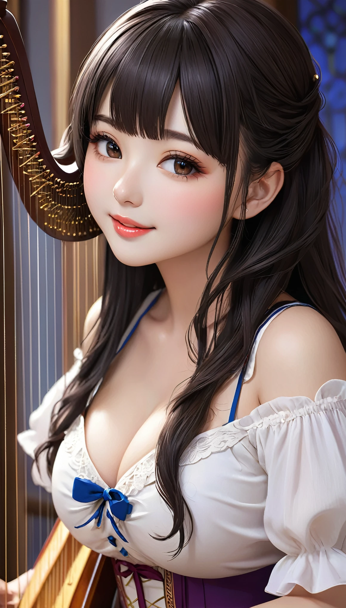 {{{{{16k,Ultra High-resolution realistic Pure neat Cute and adorable and just adorable girl playing a healing harp is invited Girlish room at deep night, Cute and adorable and just adorable Girl with her pretty idol smile with deep cleavage, The sound of the harp changes her even more prettily, beautifying her body lines and conveying her aroma visually, She's friendly and no matter how much you look away, she'll lean in and make eye contact}}}}}, {{{{{her curvy beautiful thin weist body line}}}}},{{Extremely detailed}},{{{{{dye her cheeks and integrated her face pretty small and Healing aura and healing smile, thick lips, neat idol makeup, her blouse style with roundness her tits in detail, Her skin is detailed with too much aphrodisiacs turn her into a attractive girl, Long white and so beautiful neck, Enchanting thick gross idol's Lips that are too erotic}}}}},{{{{{The best shiny grossed bangs pure idolized dark tied hair}}}}},{{{{{When you inject a large dose of Cute and adorable and just adorable hormones into her with such an cute smile, her body becomes naughty and she gives off an aura that makes you fall in love with her just by looking at her with idolized pretty behavior}}}}}
