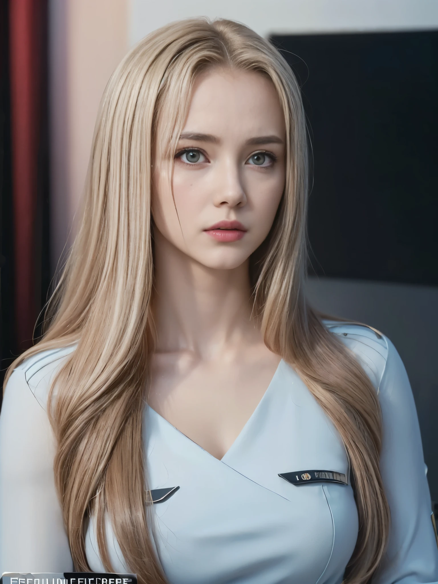 (realistic, formal dress, (action war movie poster), (foundation movie reference:1.8), realistic, air force general uniform, (realistic face resolution), cinematic pose, adult, skinny, tall, one long-haired dark blonde woman, serious face, sci-fi, sci-fi, diverse supporting characters)