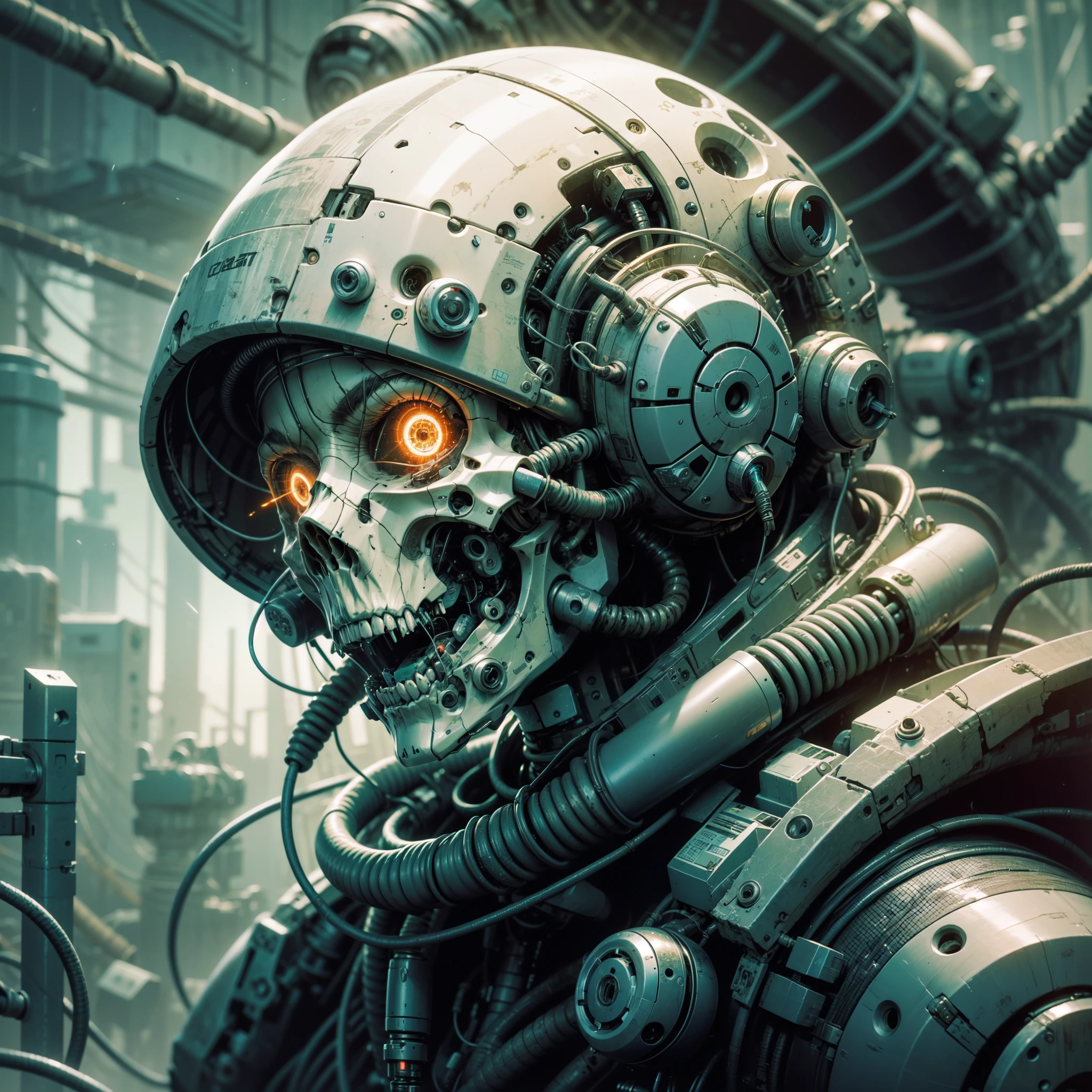 Close,Cybernetic skull screams,cable wires,electrical wires,mechanicalparts