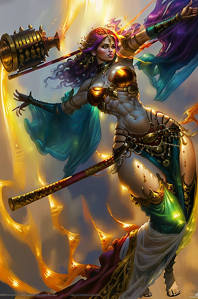 ((realism, hyperrealism, photorealistic, older female)), solo, small waist, toned, belly dancer, wide hips, long light_purple hair, thick thighs, dark green eyes, ifbb, thick lips, colored eyelashes, (thin waist, vacuum stomach, narrow waist, small waist, dark skin), tan, tanline, golden lipstick, translucent iridescent arabian pants:2.0, sheer metallic indian red sari top, white lace bridal gauntlets:2.0, wielding flaming katana, high detail