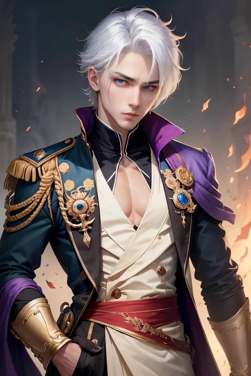 Male prince with violet eyes and white hair with a serious gaze