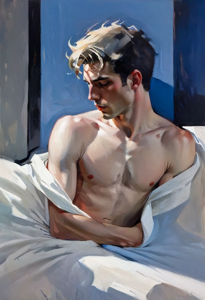 chiaroscuro technique on sensual illustration of an arafed man resting in white blanket, sexy masculine, model with attractive body, inspired by Ludovit Fulla, mid-shot of a hunky, the model draped in flowing, thick oil painting by Harumi Hironaka, extremely soft colors, vibrant, highly detailed, malcolm liepke painting, oil on canvas, high contrast, dramatic, refined, tonal, Create high contrast between light and shadow by Leon Polk Smith, memphis abstract minimal art, graphic shapes, minimal art, blue and red, minimal art style, bauhaus art, inspired by El Lissitzky, bold simple shapes, shadow