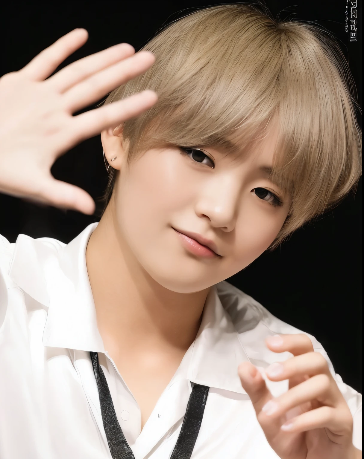 Japanese girl face, ojos grandes, doll eyes, labios carnosos, pelo rubio platinado, Doll lips, palidez.