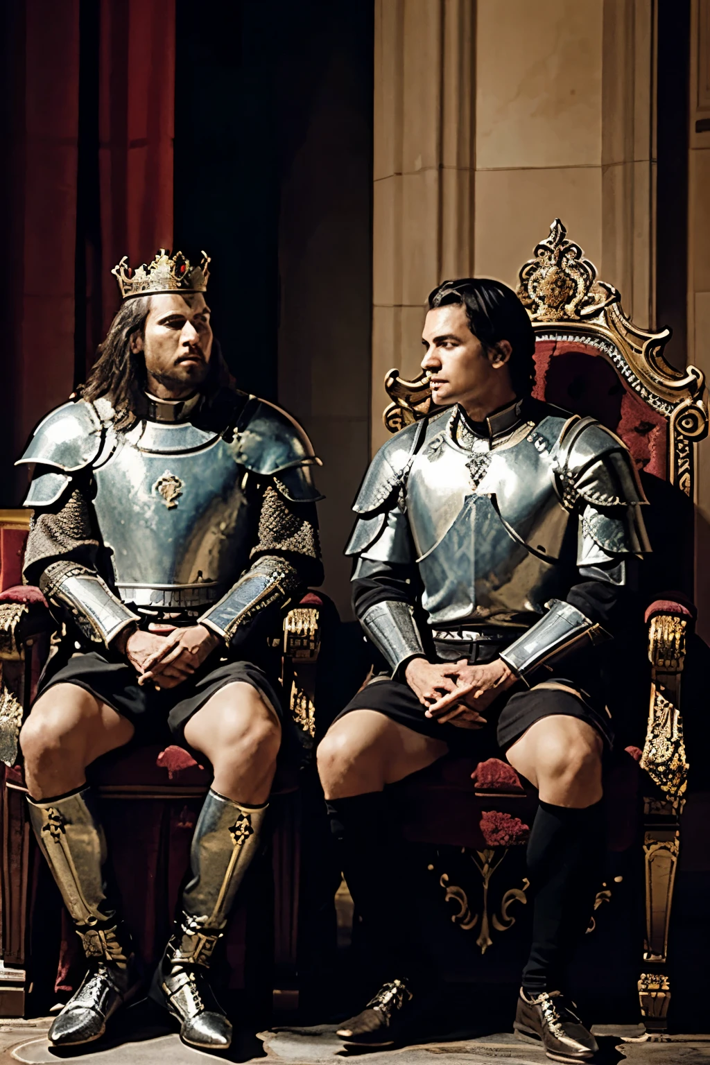 1 king sitting on throne left and right king standing knight