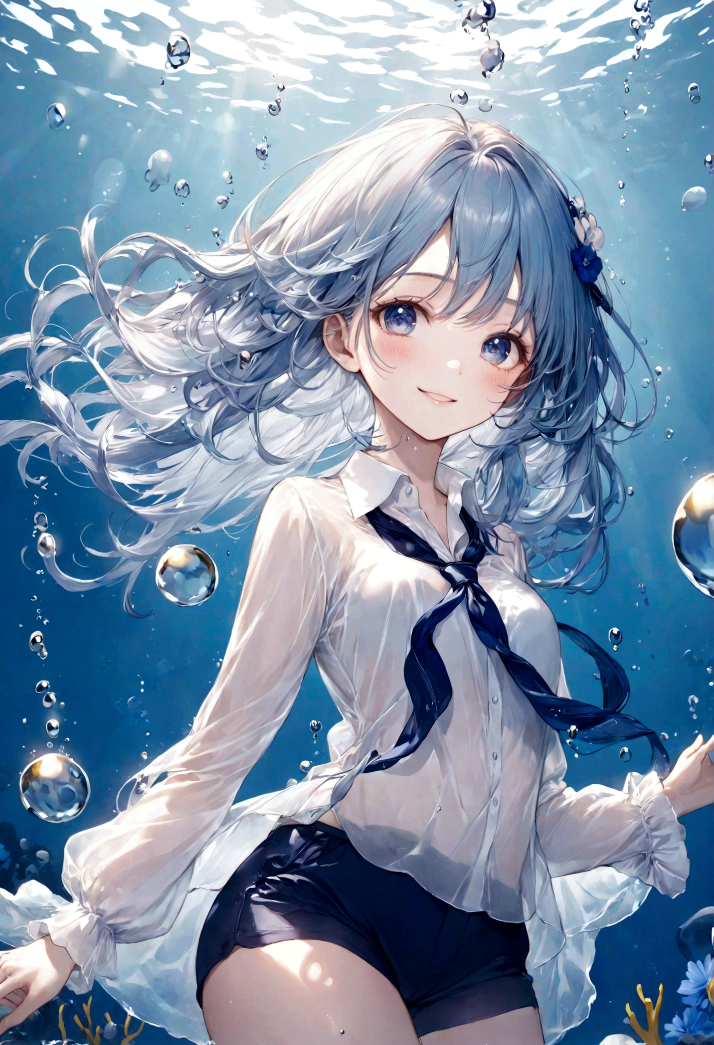 ((top-quality)), ((masterpiece)), ((ultra-detailliert)), (extremely delicate and beautiful), bright sky blue hair, watery hair, bright sapphire eyes, fair skin, beautiful woman, sheer white shirt, sheer white and navy shorts, navy blue ribbon ties, pearl decorations, underwater world, cold background, air bubbles, water bubbles, underwater, sweet smile, relaxed expression, delicate wavy long hair, blue and white flowers in the water