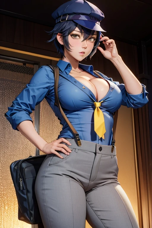 shiroganenaoto,1girl,solo,hat,black pants,blue shirt,yellow tie,suspenders,large breasts,heavy blush,deep cleavage,(grey eyes:1.2)