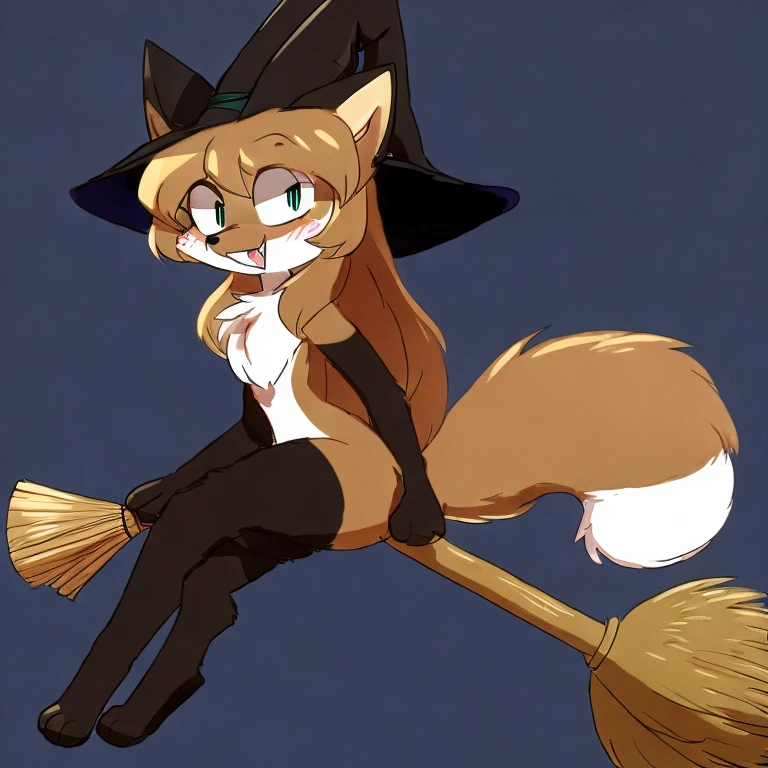 uploaded the e621, beautiful and detailed, woman (((female))) ((anthro)) Fox, (Averi, Fox girl), cinematic lighting, Fox, (anthro, fluffy fur), anthro fox girl, body fur, curvy, sexy, nice, cute, hot, comfortable anime-style cartoon-style, digital drawing, SFW, flat chest, green eyes, nervous smile, sassy, sassy hips, smug, fangs, looking at viewer, night, wizard hat, striped thigh highs, striped thigh highs with blue stripes, wet fur, behind view, looking back at viewer, sitting on a broom, broom, riding a broom, flying, in mid air, witch's broom, riding a broom like a witch, crossed legs, sitting elegantly, sitting with legs crossed