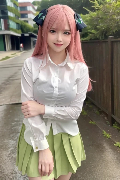 (8k, best quality, masterpiece:1.2), (realistic, photo-realistic:1.37), ultra-detailed, (1girl:1.6),cute,beautiful detailed sky,(outdoors:1.4), standing,dating,(nose blush),(smile:1.15),(closed mouth:1.2), breasts,beautiful detailed eyes,(full body:1.1), wet,rain,white lace, (short hair:1.2),floating hair NovaFrogStyle, facing viewer, looking at viewer, pleated_skirt, shirt,green_skirt,pink cheeks,detailed,naughty model