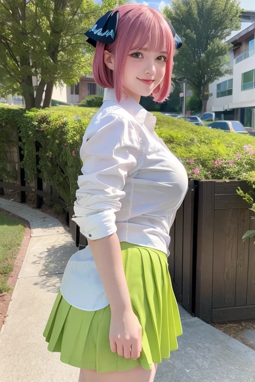 (8k, best quality, masterpiece:1.2), (realistic, photo-realistic:1.37), ultra-detailed, (1girl:1.6),cute,beautiful detailed sky,(outdoors:1.4), standing,dating,(nose blush),(smile:1.15),(closed mouth:1.2), breasts,beautiful detailed eyes,(full body:1.1), wet,rain,white lace, (short hair:1.2),floating hair NovaFrogStyle, facing viewer, looking at viewer, pleated_skirt, shirt,green_skirt,pink cheeks,detailed,naughty model
