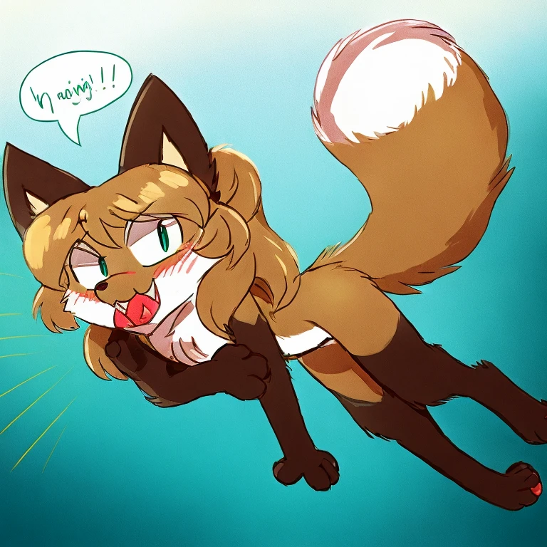 Nervous smiling, uploaded the e621, beautiful and detailed, woman (((female))) ((anthro)) Fox, (Averi, Fox girl), cinematic lighting, Fox, (anthro, fluffy fur, character focus:1.1), 1girl, anthro fox girl, body fur, curvy, sexy, nice, cute, hot, sassy, sassy hips, smug, fangs, mischievous, smiling, blushing, looking excited, wagging tail, comfortable anime-style cartoon-style, digital drawing, fully open eyes, green eyes, SFW, flat chest, jumping, in mid air, falling, chomp, biting a chicken, chicken, scared chicken, scared sweat marks, exclamation mark, speech bubble, hunting, fox hunting chicken, cute chomp, mischievous face, pounce, fox pounce, diving, diving downwards
