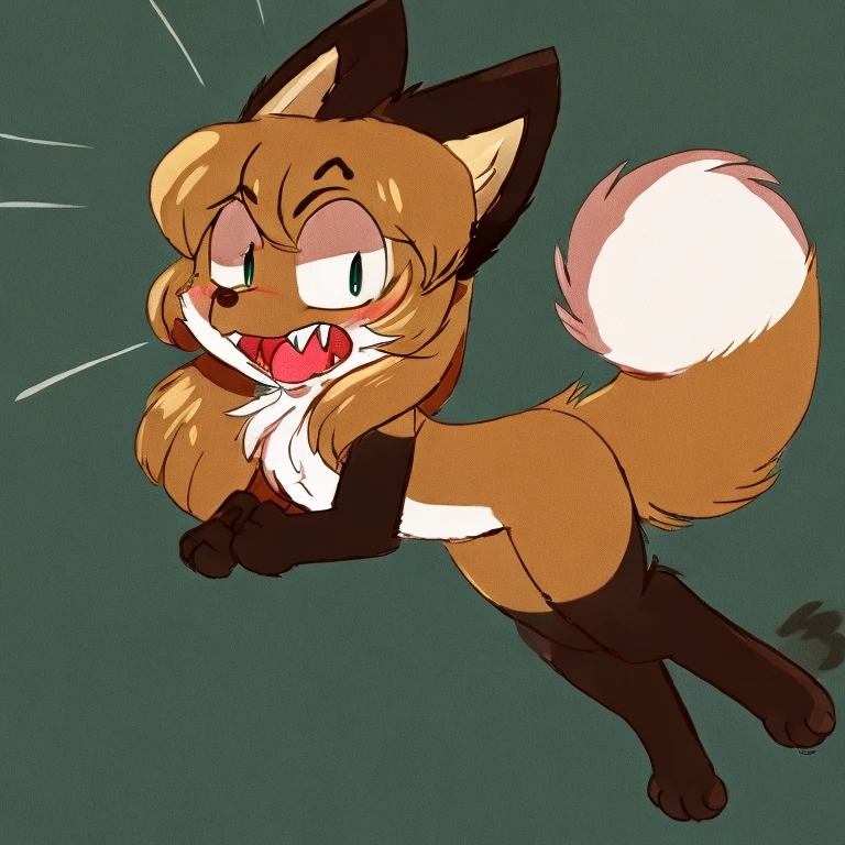 Nervous smiling, uploaded the e621, beautiful and detailed, woman (((female))) ((anthro)) Fox, (Averi, Fox girl), cinematic lighting, Fox, (anthro, fluffy fur, character focus:1.1), 1girl, anthro fox girl, body fur, curvy, sexy, nice, cute, hot, sassy, sassy hips, smug, fangs, mischievous, smiling, blushing, looking excited, wagging tail, comfortable anime-style cartoon-style, digital drawing, fully open eyes, green eyes, SFW, flat chest, jumping, in mid air, falling, chomp, biting a chicken, chicken, scared chicken, scared sweat marks, exclamation mark, speech bubble, hunting, fox hunting chicken, cute chomp, mischievous face, pounce, fox pounce, diving, diving downwards