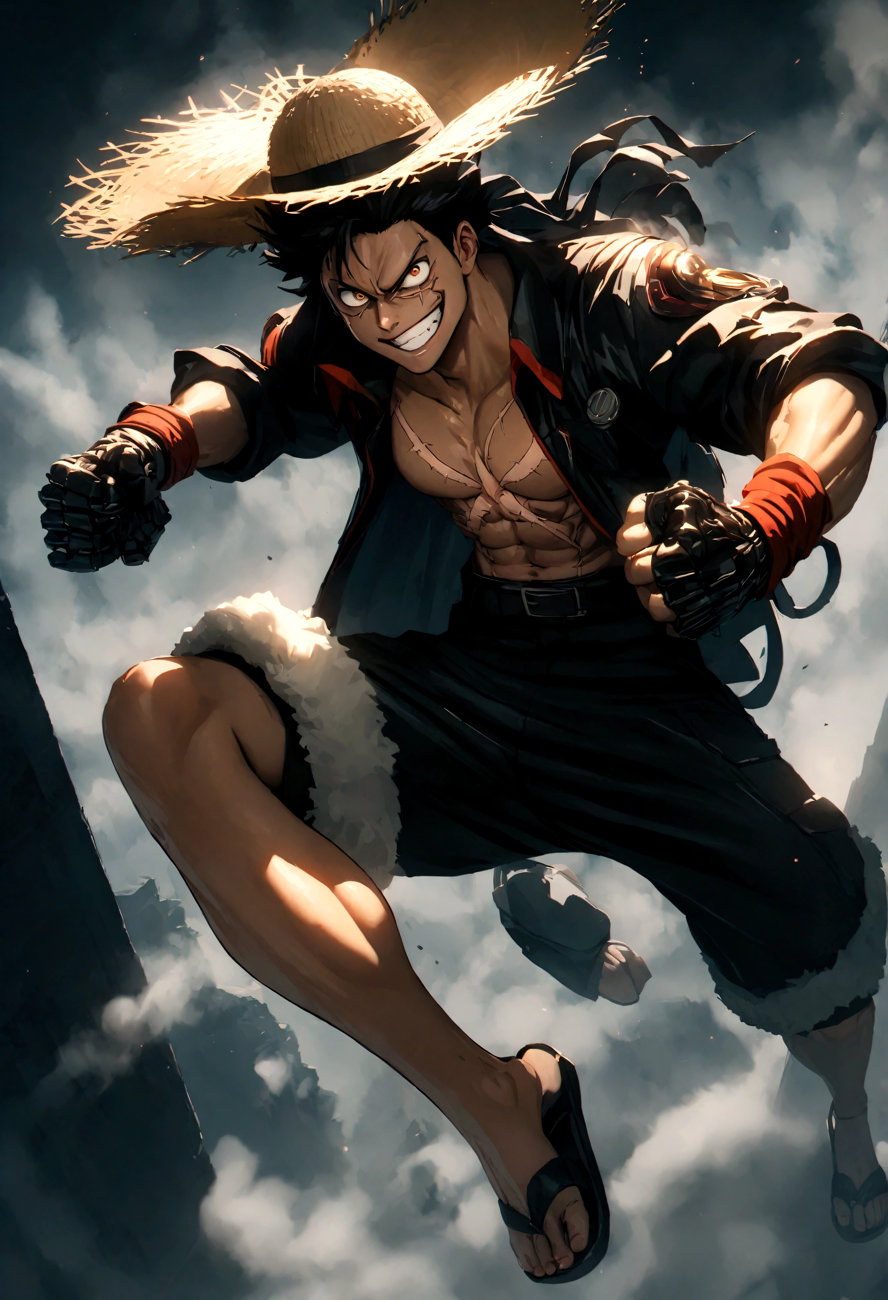 Full body shot,Monkey D. Luffy,Gear fourth,black hair,armor,dark skin,an evil grin on his face,eyes glow blue, wearing a pair of huge gloves and holding a fist,dynamic pose,smile,male focus,shorts,teeth,grin,scar,sandals,(straw hat:1.1),stitches,skeleton,bone,scar on chest,grey mist swirling around him,swirling smoke effects on a smoke background,high resolution with high contrast, cinematic lighting, vibrant colors, sharp focus and high detail.,unreal engine 5,panorama,Full body,Cyberpunk,Kodak Ektachrome E100,Kodak Portra 160,Kodak Ektar 100,Kodak Portra 400,Wong Kar-wai