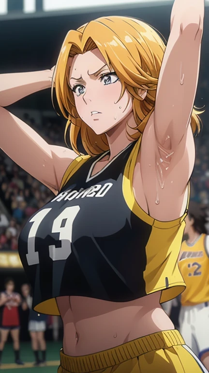 a close up of a person wearing a basketball uniform, a picture, inspired by Kentaro Miura, trending on pixiv, Rangiku Matsumoto, Bleach, wearing yellow nba jersey, yellow croptop nba jersey, wearing a low cut croptop, wearing croptop, croptop, the words "Lakers" written on the croptop, golden raito, (winking), shirobako, large)}], favorite scene, fine details. anime. skins, sweating, big breasts, both hands raised, armpits, armpits visible, dripping with sweat, more more sweat, sweaty armpits