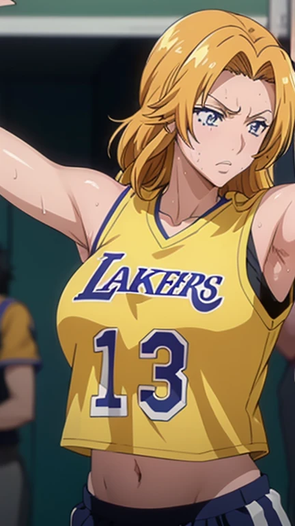 a close up of a person wearing a basketball uniform, a picture, inspired by Kentaro Miura, trending on pixiv, Rangiku Matsumoto, Bleach, wearing yellow nba jersey, yellow croptop nba jersey, wearing a low cut croptop, wearing croptop, croptop, the words "Lakers" written on the croptop, golden raito, (winking), shirobako, large)}], favorite scene, fine details. anime. skins, sweating, big breasts, both hands raised, armpits, armpits visible, dripping with sweat, more more sweat, sweaty armpits