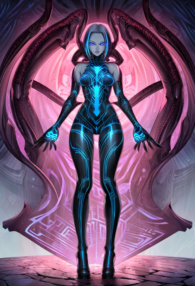 Hr giger tattooed sexy seductive dead girl, perfect face, hyper detailed neon sapphire eyes, full body view,