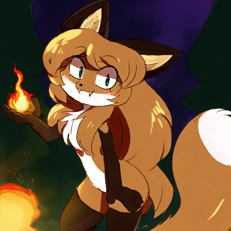 uploaded the e621, beautiful and detailed, woman (((female))) ((anthro)) Fox, (Averi, Fox girl), cinematic lighting, Fox, (anthro, fluffy fur), anthro fox girl, body fur, curvy, sexy, nice, cute, hot, comfortable anime-style cartoon-style, digital drawing, SFW, flat chest, green eyes, nervous smile, sassy, sassy hips, smug, fangs, looking at viewer, forest background, night, tilted head, leaning sideways, wizard hat, striped thigh highs, holding fireball in hand, fireball, fire magic