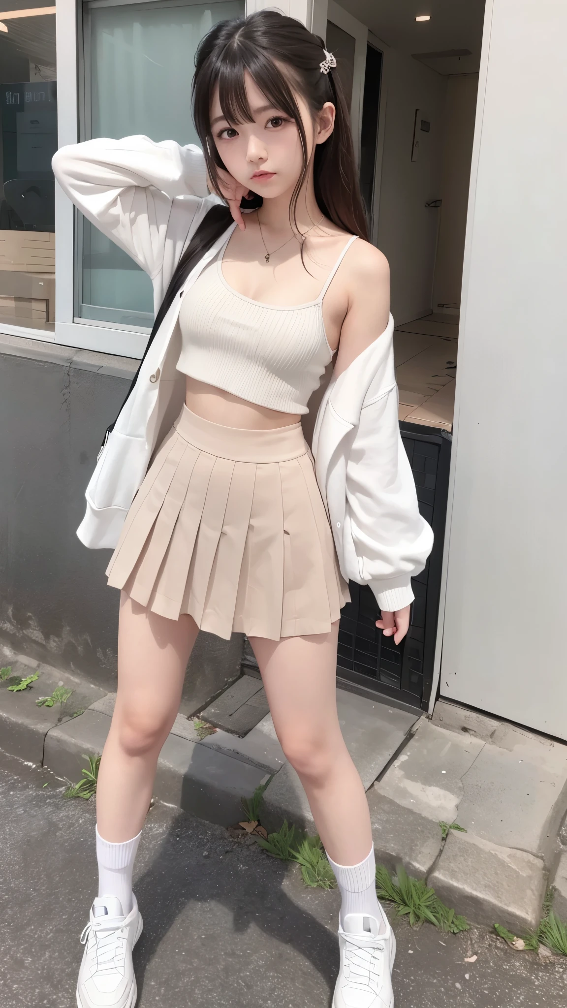 Landmine makeup、Semi-long hair、Landmine fashion、Extremely short pleated mini skirt、With bangs、Medium long wavy hair、Beautiful girl with idol face、Wearing loose socks、Landmine Makeup、Standing posture、Japanese、topless、Nipples、Micro Mini Skirt、1 female、Street Snap、短すぎる丈のMicro Mini Skirt