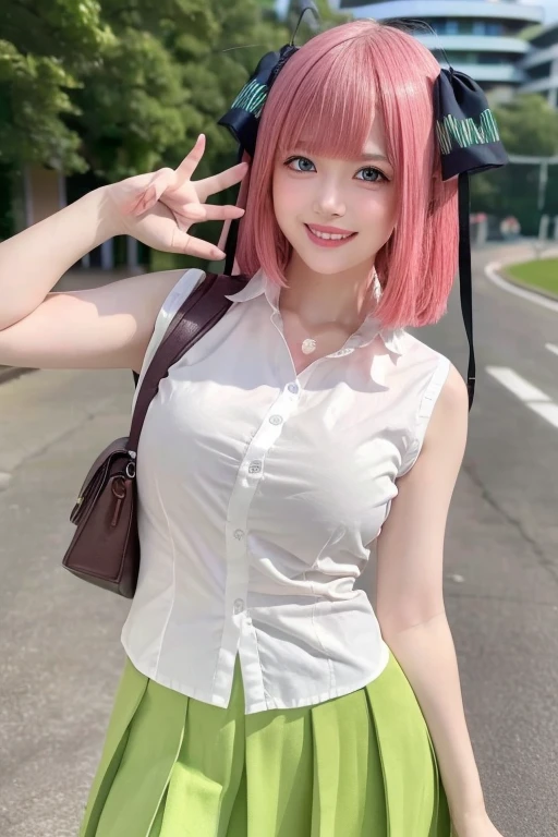 (8k, best quality, masterpiece:1.2), (realistic, photo-realistic:1.37), ultra-detailed, (1girl:1.6),cute,beautiful detailed sky,(outdoors:1.4), standing,dating,(nose blush),(smile:1.15),(closed mouth:1.2), breasts,beautiful detailed eyes,(full body:1.1), wet,rain,white lace, (short hair:1.2),floating hair NovaFrogStyle, facing viewer, looking at viewer, pleated_skirt, shirt,green_skirt,pink cheeks,detailed,naughty model,sleeveless