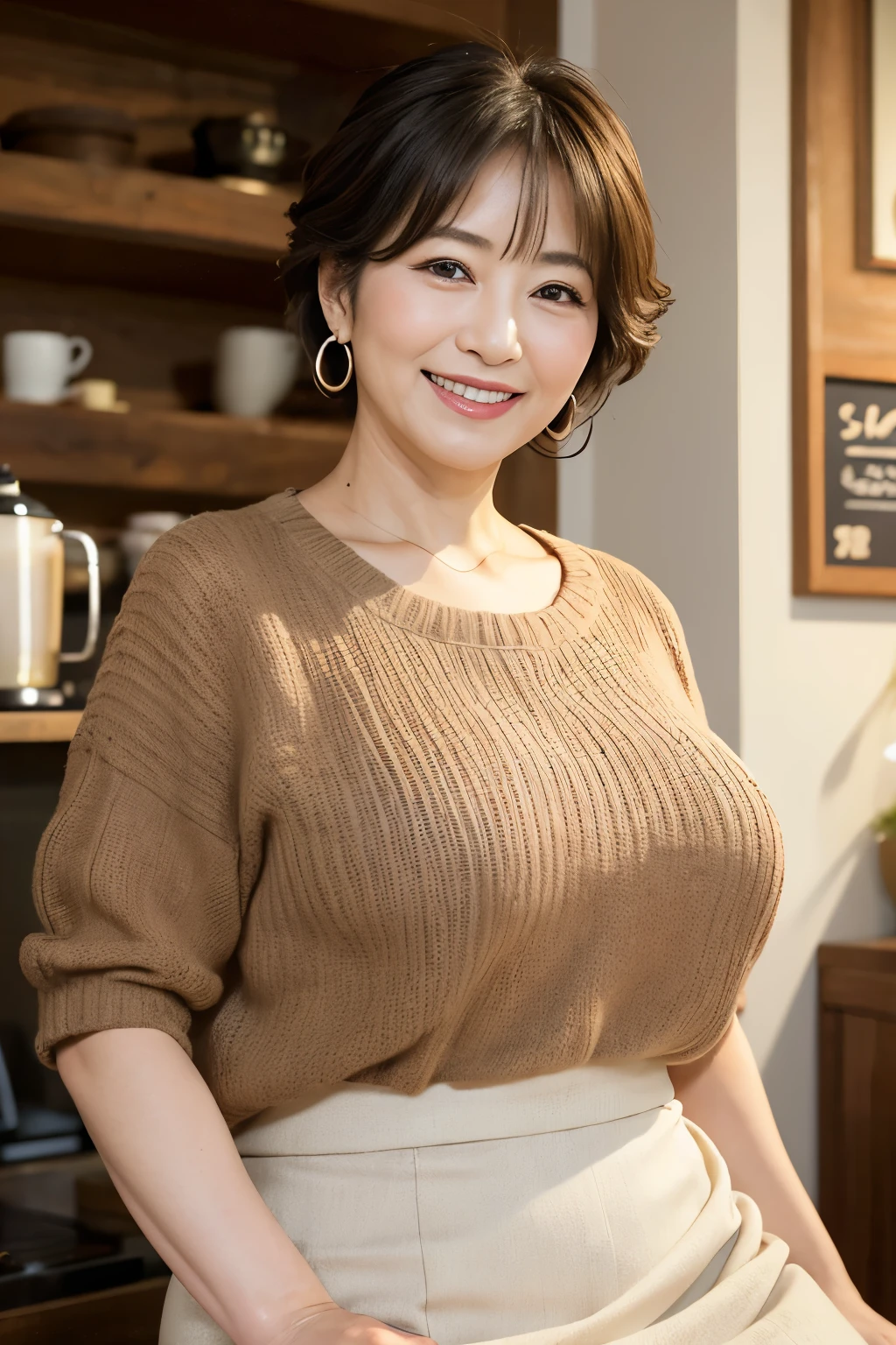 Osaka's aunt、Organic Photography、Background Bokashi, highest quality、masterpiece、Ultra-high resolution、Beautiful Japanese old lady、60 years old、Looking at the audience、Elegant face、Toothy smile、Big Breasts、Wearing a short-sleeved knit、Short perm hair、mini skirt、Earrings、A corner of a coffee shop, Background Blur