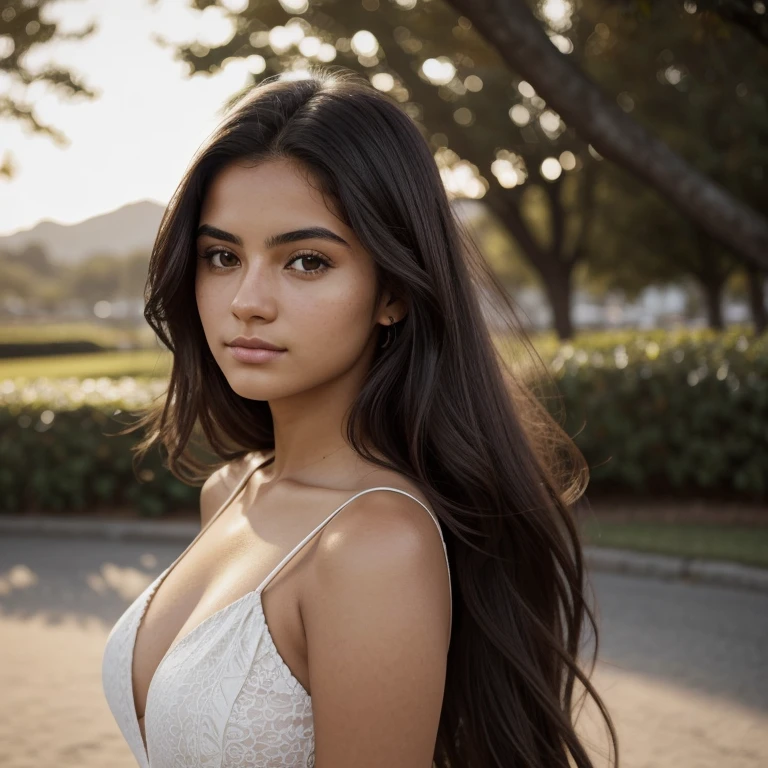 A photorealistic portrait of a 21-year-old colombian girl with long, flowing dark hair and striking dark eyes. She should have a natural, approachable expression and be illuminated by soft, golden-hour sunlight. The background should be a scenic outdoor setting, perhaps a sunlit park or beach. Capture this image with a high-resolution photograph using an 85mm lens for a flattering perspective.