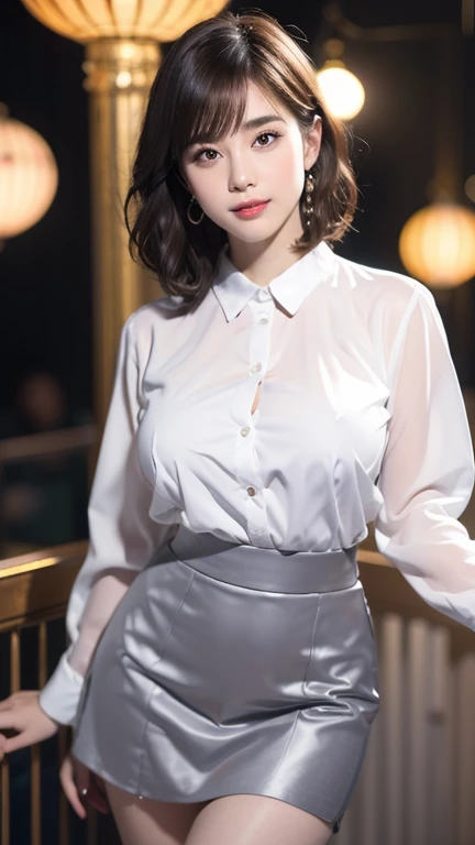 8k, masterpiece, RAW photo, best quality, photorealistic, extremely detailed CG unity 8k wallpaper, Depth of field, Cinematic Light, Lens Flare, Ray tracing, (extremely beautiful face, beautiful lips, beautiful eyes), intricate detail face, ((ultra detailed skin)) 1girl, in the dark, deep shadow, pretty asian girl, very slim slender fit-muscled body), ((looking at viewer)),(big smile), (blurry background), midnight, (pretty asian girl), earrings, bracelets, necklace, clear eyes, shot, (pale skin), face forward, (big eyes), (looking at viewer), medium breasts,((smile)), (see through), (open breasts), ( very slim), (white silk shirt), ((red silk skirt)), thick thighs, short hair, laced blouse, laced stockings, rooftop, dim lights, big windows, bed, ((night)), cityscape,