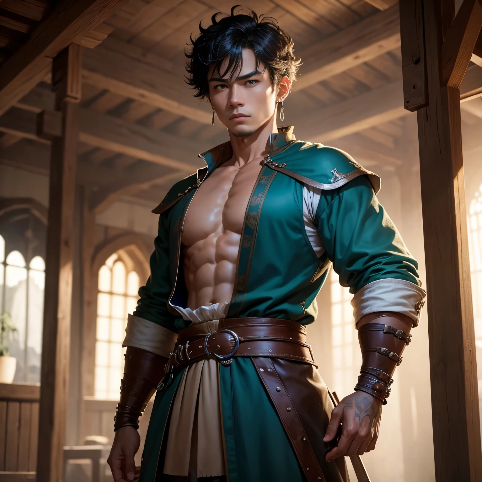 8k, masterpiece, best quality, realistic, higly detailed, cowboy shot, 1boy, solo, Souya Kawata, short stature man, small build, fair skin, voluminous curly bright turquoise hair, bright turquoise eyes, two silver earrings on right earlobe, snarl, veins prominently, clothed, medieval, monk, clothed, medieval, monk, 