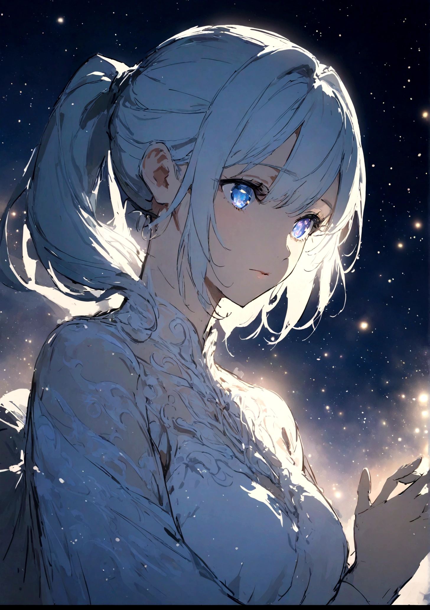 Master Parts, (highest quality: 1.2), (Super fine: 1.2), figure, (Very delicate and beautiful: 1.2), Film Angle, floating, (Beautiful details in the eyes: 1.1), (Detail Light: 1.1), Film Light, Delicate Sky, woman, blue eyes, (High Ponytail: 1.1), layer, Bright Eyes, (..two: 1.2), (outside: 1.1), Starry Sky, (Particles of light: 1.1), Mistborn , Snow Painting, sketch, flowering