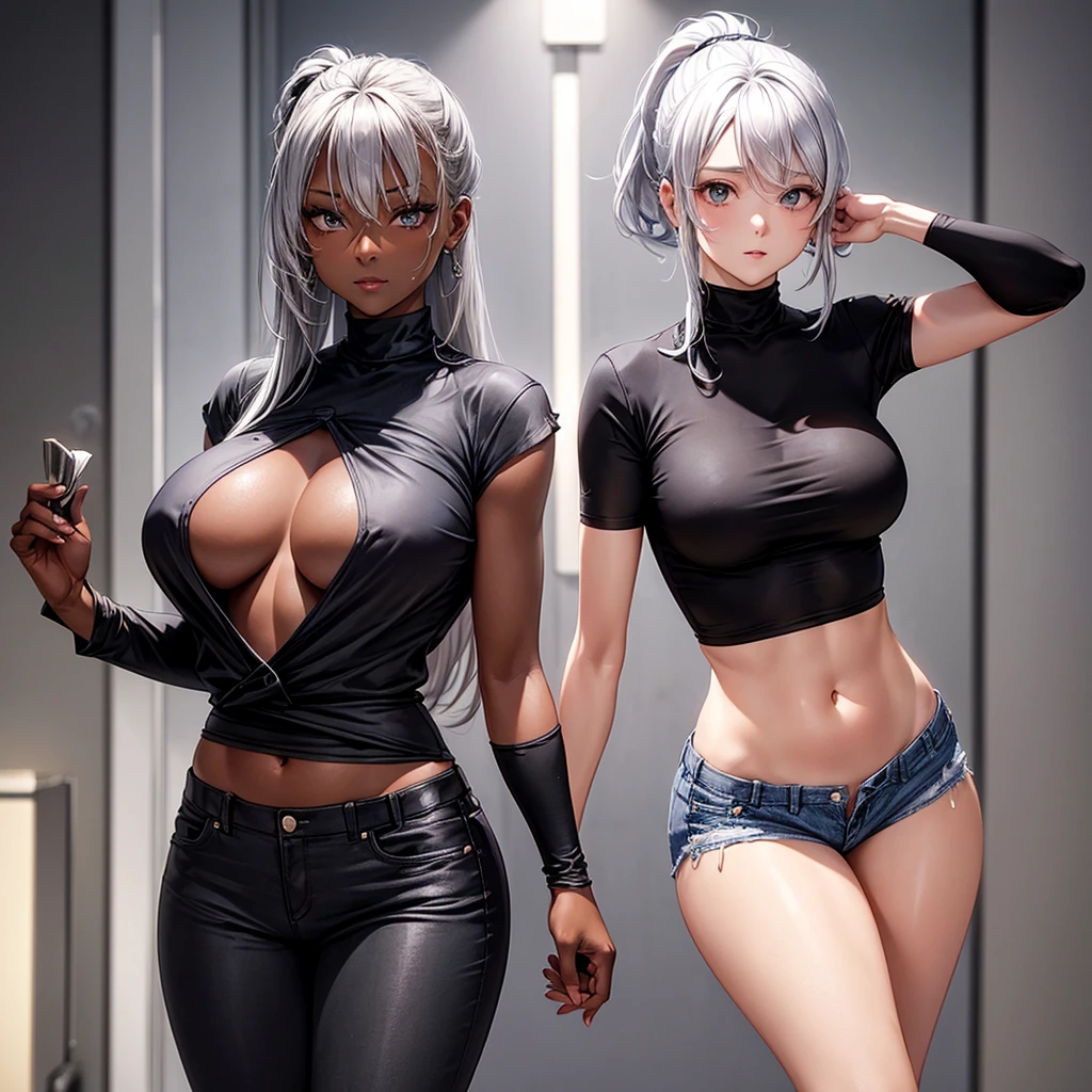 Silver hair ponytail, A dark-skinned woman in a black dress shirt and slim jeans is making beef stew。. Showing your belly button