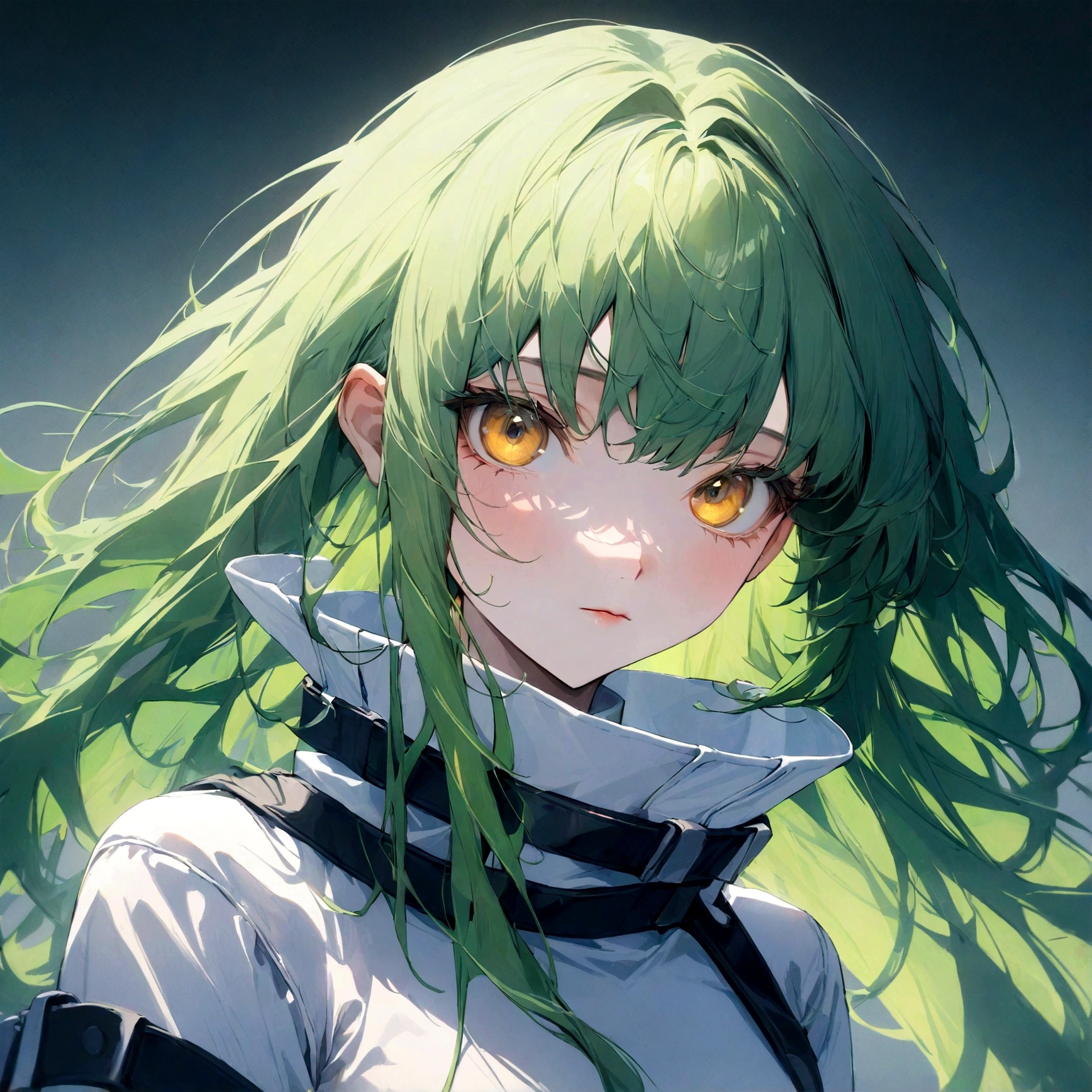 long hair,looking at viewer,bangs,closed mouth,yellow eyes,green hair,bodysuit,portrait,white bodysuit,straitjacket,c.c. best quality, newest, aesthetic,very aesthetic,