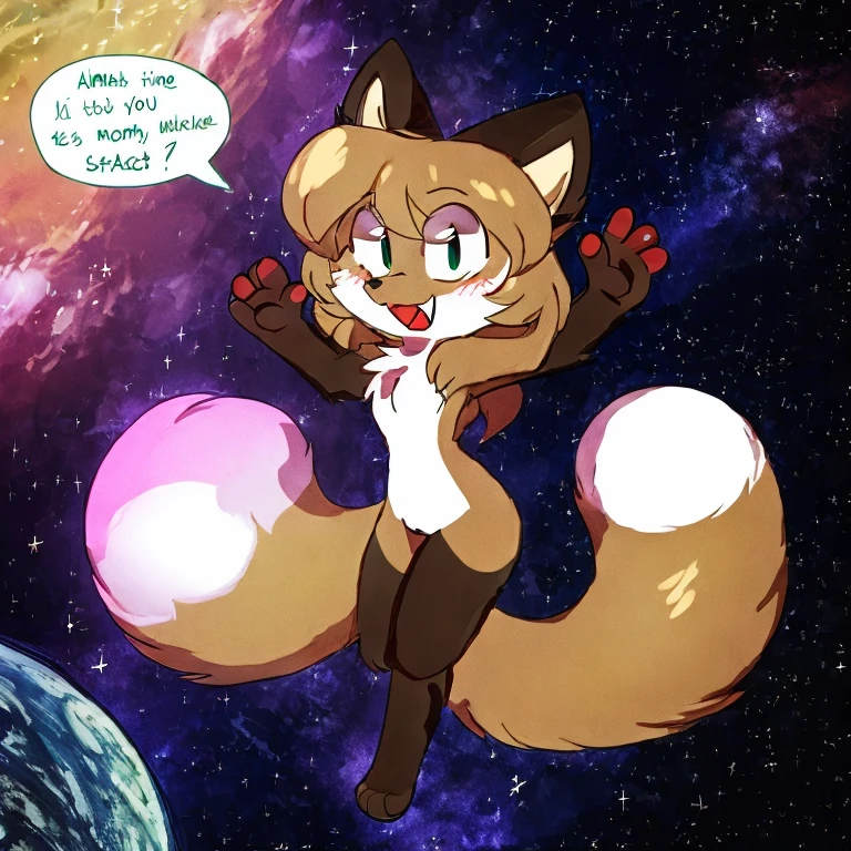 Nervous smiling, uploaded the e621, space background, in space, floating in space, beautiful and detailed, woman (((female))) ((anthro)) Fox, (Averi, Fox girl), cinematic lighting, Fox, (anthro, fluffy fur, character focus:1.1), 1girl, anthro fox girl, body fur, curvy, sexy, nice, cute, hot, comfortable anime-style cartoon-style, digital drawing, fully open eyes, green eyes, SFW, flat chest, speech bubble, multiple speech bubbles, mid air, leaning backwards, looking happy, waving, legs up, floating mid air, floating, flying