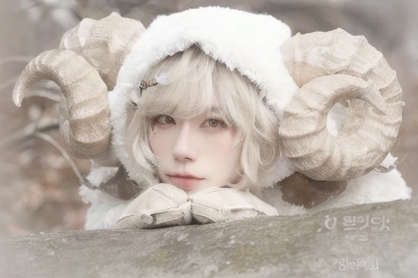 man in a sheep costume leaning on a rock, man in a sheep costume, androgynous, effeminate boy, horned ram goddess, femboy, cute horns, with horns, boy design lush horns, white horns from eyebrows, cute asian man, korean, blonde, round and cute face, ultra HD