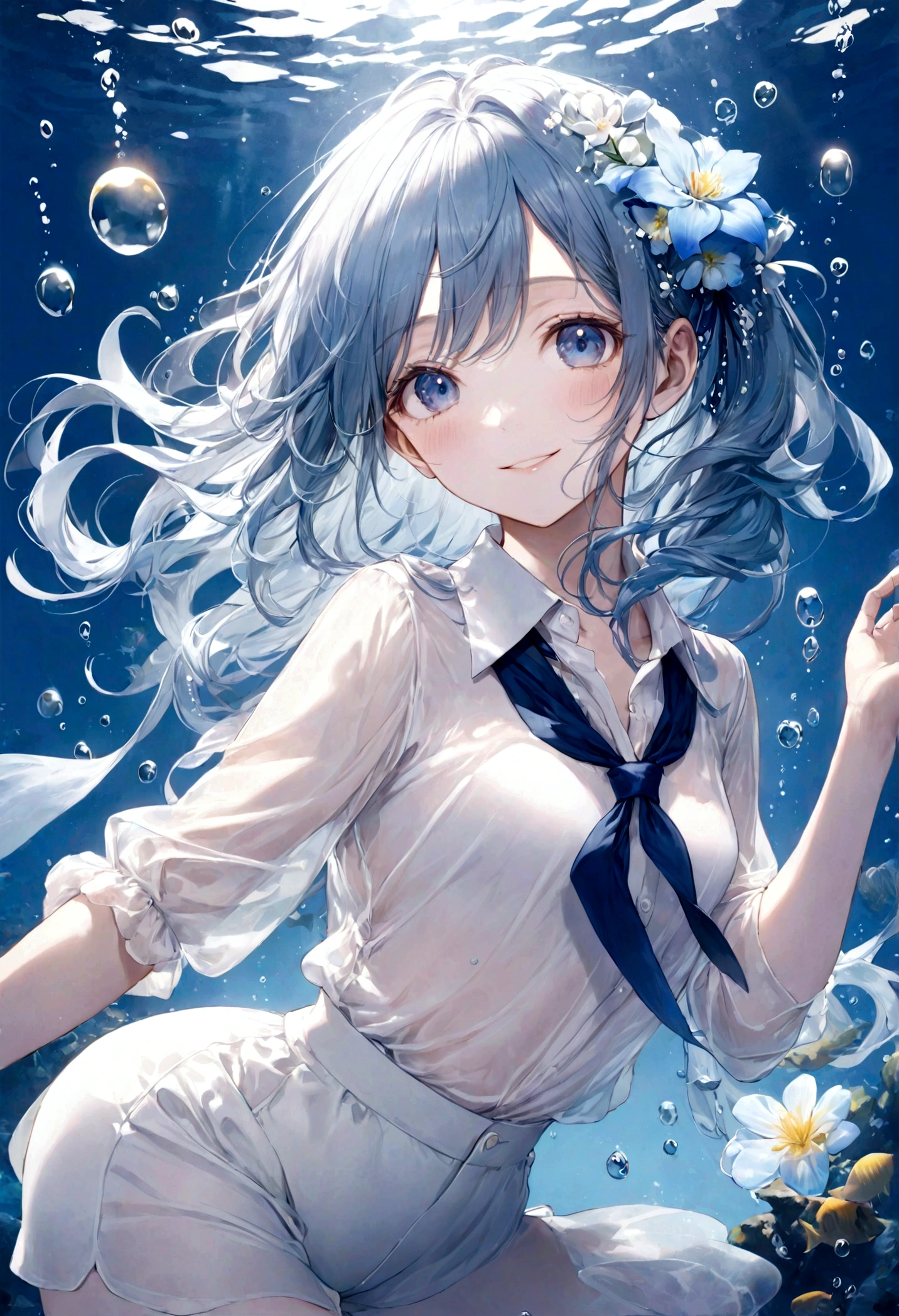 ((top-quality)), ((masterpiece)), ((ultra-detailliert)), (extremely delicate and beautiful), bright sky blue hair, watery hair, bright sapphire eyes, fair skin, beautiful woman, sheer white shirt, sheer silky white shorts, navy blue ribbon ties, pearl decorations, underwater world, cold background, air bubbles, water bubbles, underwater, sweet smile, relaxed expression, delicate wavy long hair, blue and white flowers in the water