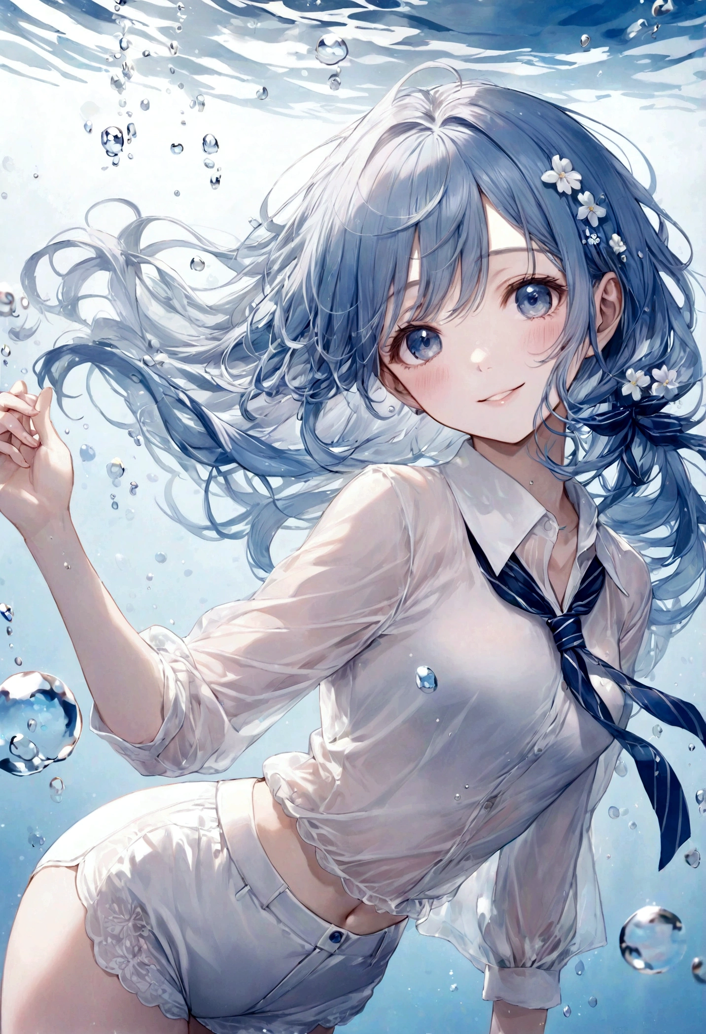 ((top-quality)), ((masterpiece)), ((ultra-detailliert)), (extremely delicate and beautiful), bright sky blue hair, watery hair, bright sapphire eyes, fair skin, beautiful woman, sheer white shirt, sheer silky white shorts, navy blue ribbon ties, pearl decorations, underwater world, cold background, air bubbles, water bubbles, underwater, sweet smile, relaxed expression, delicate wavy long hair, blue and white flowers in the water