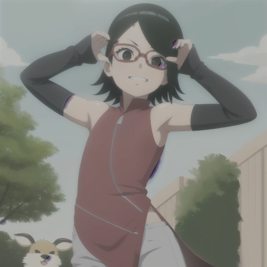 anime screencap,
1 chica,solo,pelo negro,cabello corto, ojos negros,flaco,tiro de vaquero, de pie, protector de frente, sonrisa afectada,(vestido:1.1),(shorts blancos:0.8), muslos negros, pistolera del muslo, calentadores de brazos, hombros descubiertos, mirando al espectador, al aire libre,pelvic,gafas con montura roja, anteojos,arms behind the back, nod, pelvic curtain, frente al espectador, manos en la cintura, cremallera, cabello brillante,
